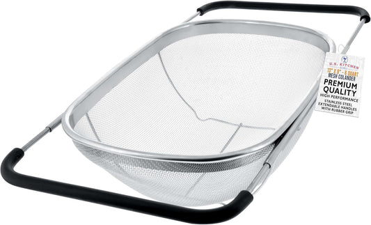 U.S. Kitchen Supply Stainless Steel Colander - 6-Quart Collapsible Design with Expandable Rubber Handles