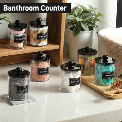 Clear & Black Acrylic Qtip Holder Dispenser Set | 3 Pack Cotton Swab Canisters for Bathroom Storage - Vanity Organizer