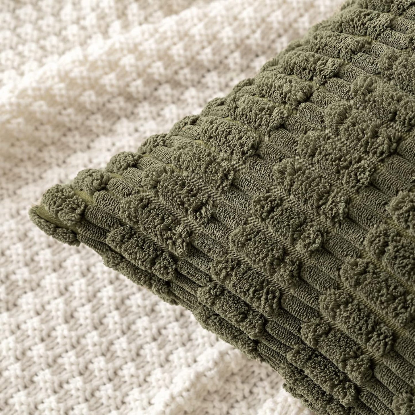 MIULEE Decorative Throw Pillow Covers - Soft Boho Striped Corduroy | 18x18 Inch Olive Green, Pack of 2