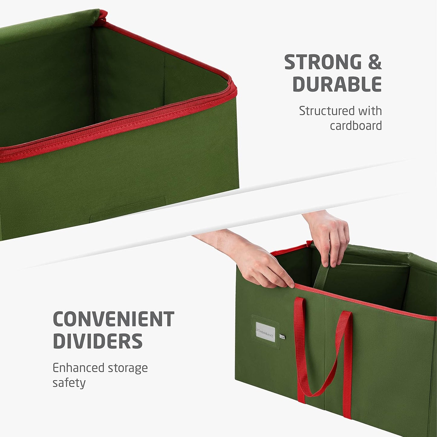 ZOBER Large Christmas Ornament Storage Box - Organize 54 4" Ornaments with Dividers - Durable Green Container