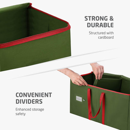 ZOBER Large Christmas Ornament Storage Box - Organize 54 4" Ornaments with Dividers - Durable Green Container