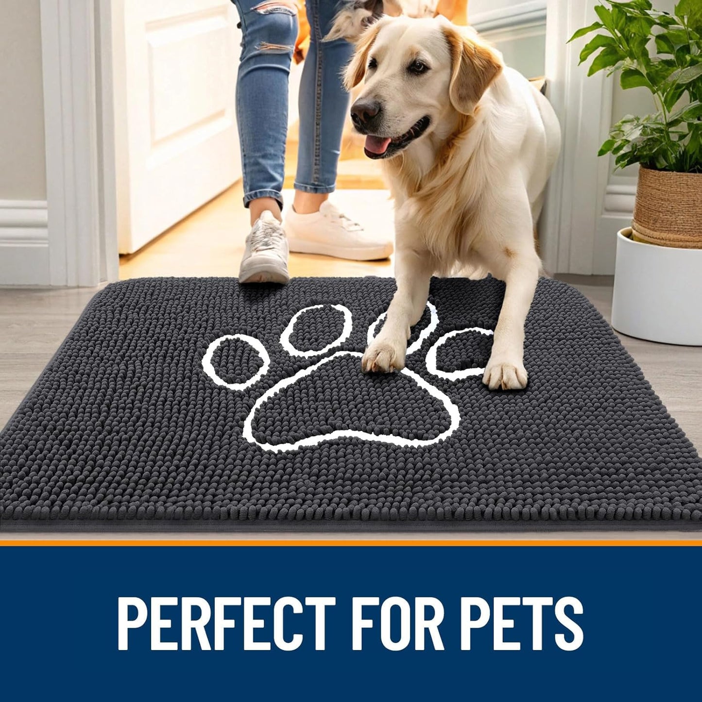 OLANLY Dog Door Mat - Absorbent Non-Slip Mud Mat for Paws | 47x20 Dark Grey Chenille Design