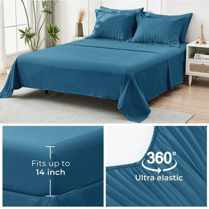 HYMOKEGE Teal Queen Comforter Set Seersucker 7 Pieces, All Season Luxury Bed in a Bag for Bedroom, Bedding Set with Comforters, Sheets, Pillowcases & Shams