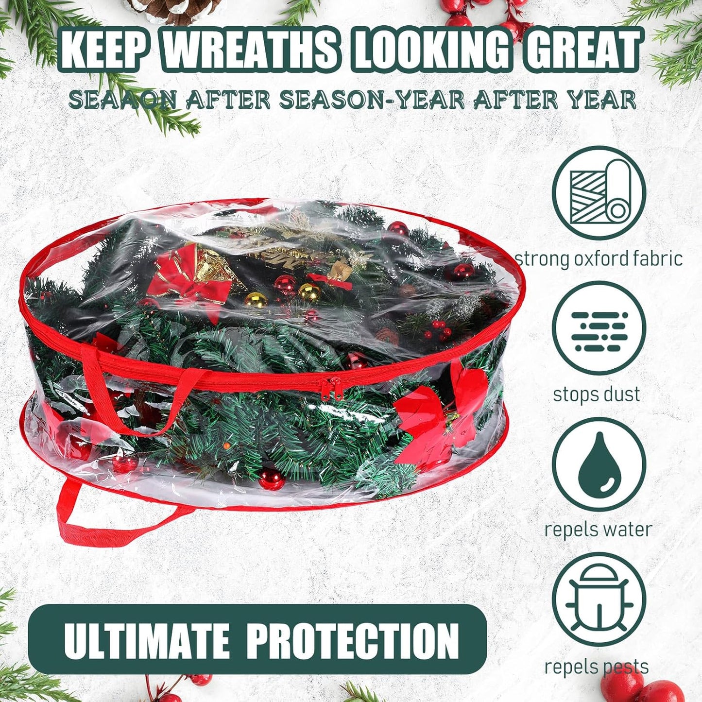 Shappy 24-Inch Clear Christmas Wreath Storage Bag - Durable Plastic with Dual Zippers & Reinforced Handles | Red