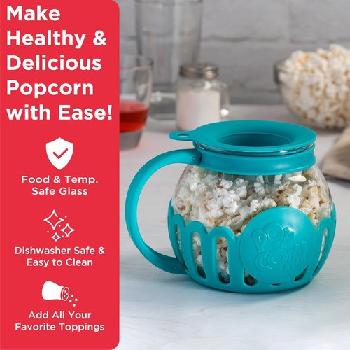 Ecolution Micro-Pop Microwave Popcorn Popper - 1.5-Quart BPA-Free Glass with 3-in-1 Lid | Teal