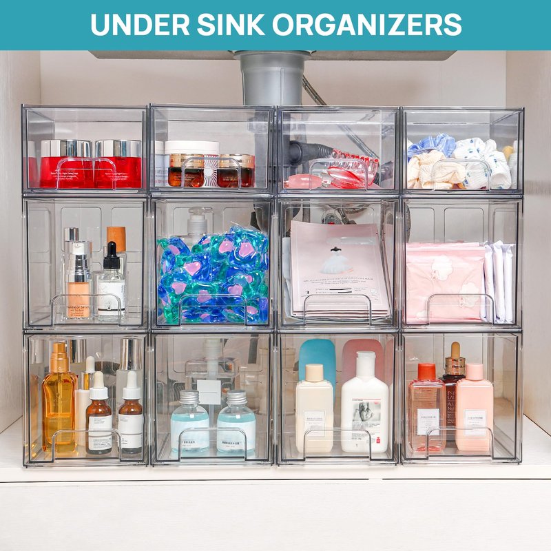 Vtopmart 4 Pack Stackable Storage Drawers, 6.6''Tall Acrylic Bathroom Makeup Organizers,Clear Plastic Drawers For Vanity, Undersink, Kitchen Cabinet,Pantry Organization and Storage