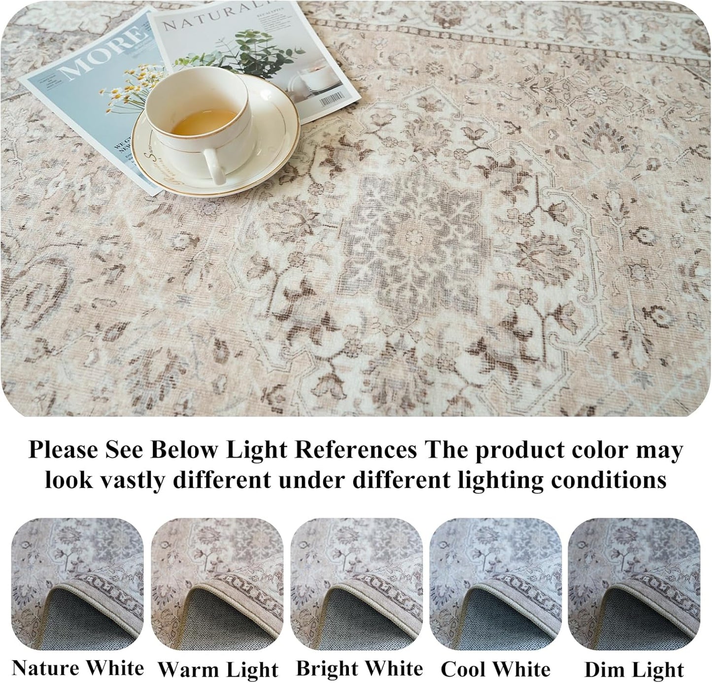 Skiennix 10x14 Washable Vintage Area Rug - Soft, Stain Resistant, Non-Slip Backing | Pet Friendly Beige Carpet