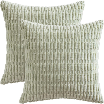 MIULEE Decorative Throw Pillow Covers - Soft Boho Striped Corduroy | Pack of 2, 18x18 Inch, Light Green