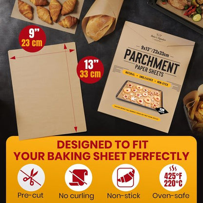 Baker's Signature Parchment Paper Sheets - 125 Pcs, 9x13 Inch, Unbleached, Non-Stick & Eco-Friendly