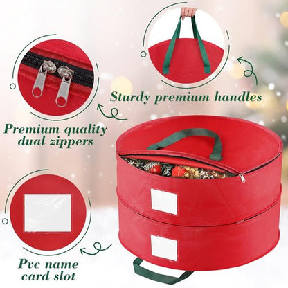BlessedSeason Wreath Storage Container - Protect 2 Holiday Wreaths with Dual Zipper & Handles | 24” Red