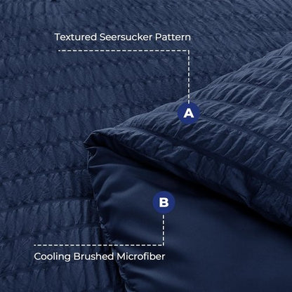 HYMOKEGE Navy Blue California King Comforter Set Seersucker 7 Pieces, All Season Luxury Bed in a Bag for Bedroom, Bedding Set with Comforters, Sheets, Pillowcases & Shams