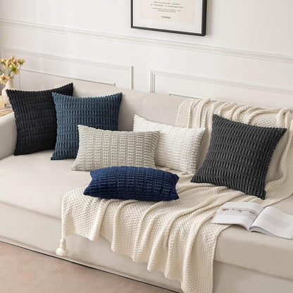 MIULEE Corduroy Throw Pillow Covers - Soft Boho Striped Design | 18x18 Inch Blue for Modern Farmhouse Decor