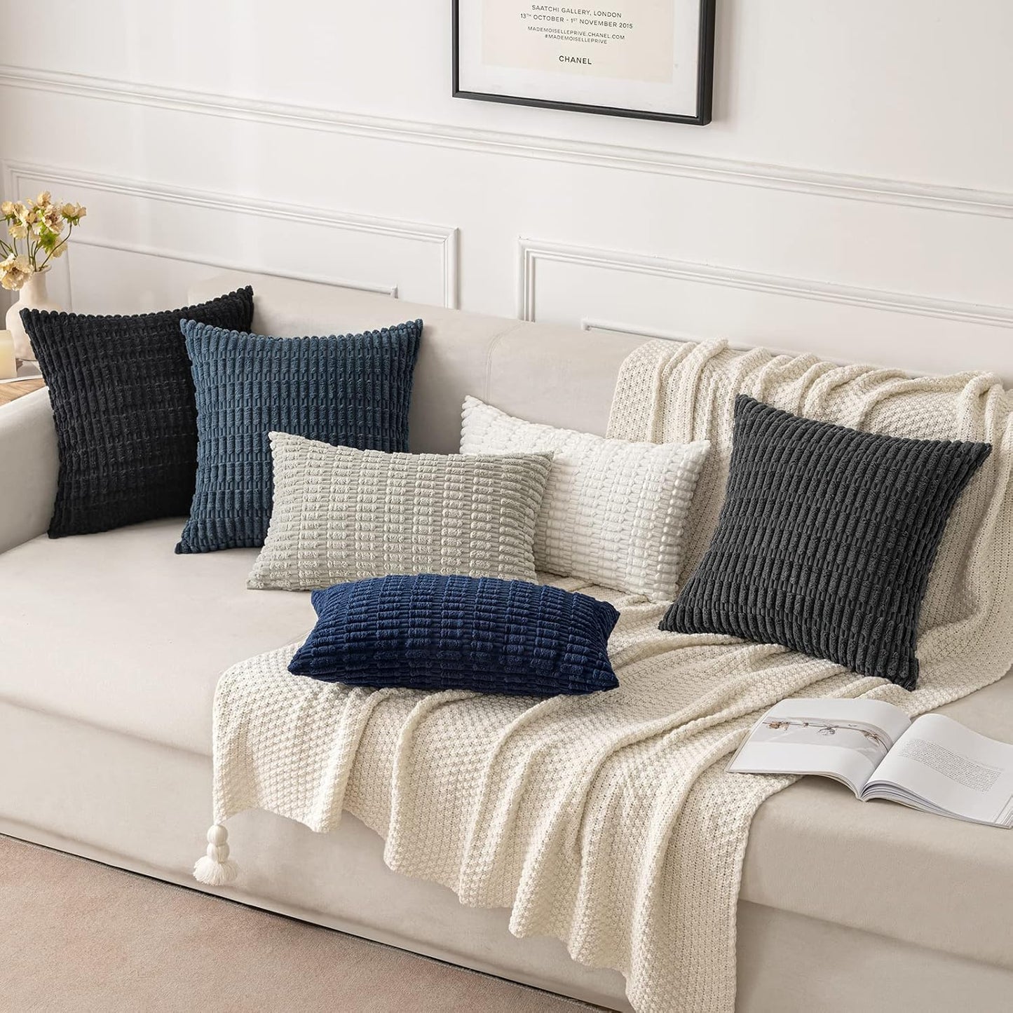 MIULEE Euro Sham Pillow Covers - Soft Boho Striped Corduroy | 24x24 Inch, Blue for Modern Farmhouse Decor