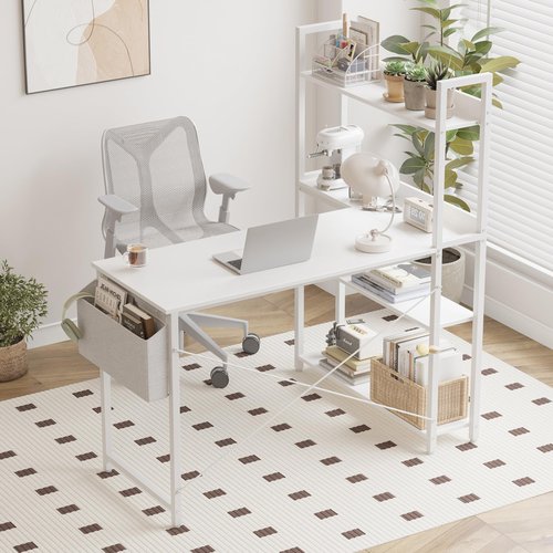 Treesland 47 Inch Computer Desk with Bookshelf, Corner Desk with Storage, L Shaped Desk, Home Office Desks, Writing Study Desk for Bedroom, White