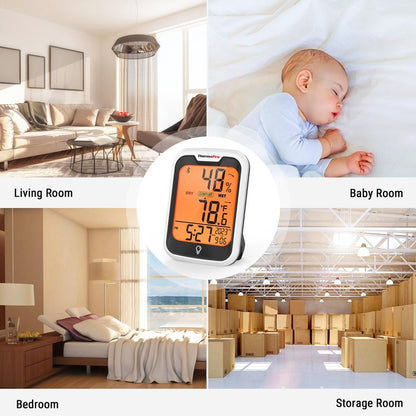 ThermoPro TP358 Bluetooth Thermometer for Room Temperature with Built-in Clock, Smart Temperature Sensor and Humidity Meter with Backlit, 260Ft Hygrometer Indoor Thermometer with Data Storage Export