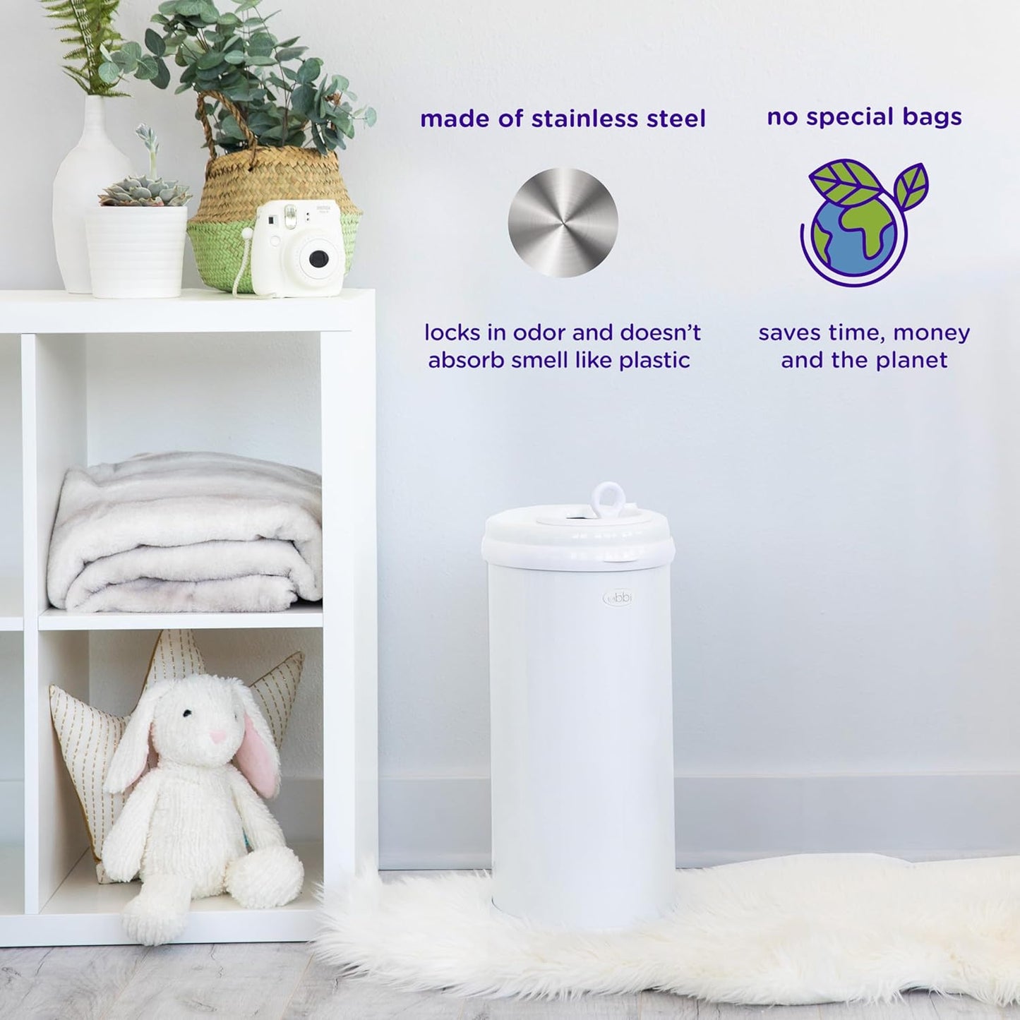 Ubbi Stainless Steel Diaper Pail - Odor Locking Design, No Special Bag Required | Fig Blossom Color