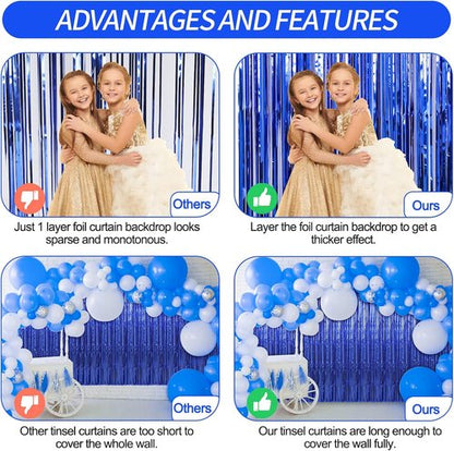 Crosize Dark Blue Foil Fringe Curtains - 2 Pack 3.3 x 9.9 ft Tinsel Backdrop for Parties & Birthdays