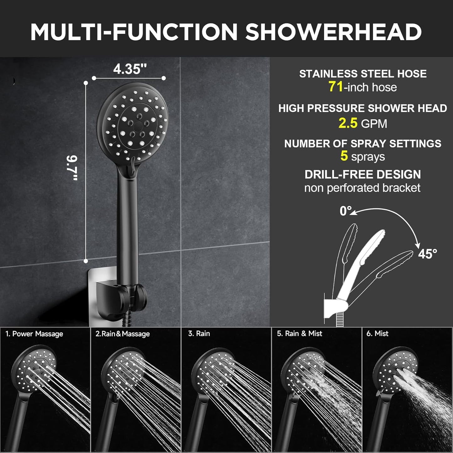 Veken 11.8" Rain Shower Head - High Pressure Handheld Shower with Multi Spray Modes | Matte Black