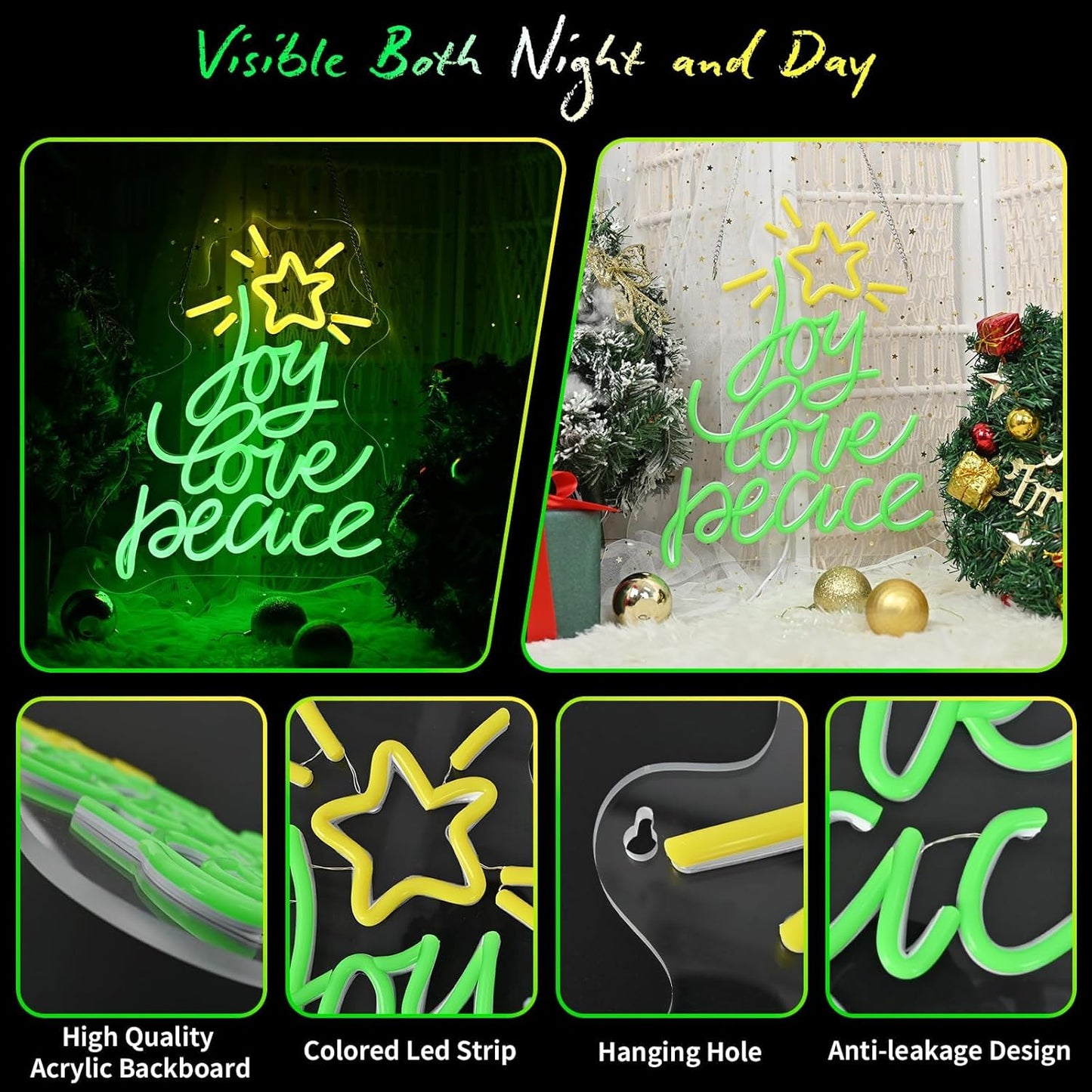 Neon Sign by Christmas Tree - USB Powered LED Wall Decor | Peace, Love, Joy Design for Holiday Parties