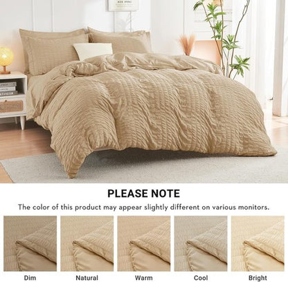 HYMOKEGE King Size Comforter Set - Luxury 7-Piece Seersucker Bedding Set in Khaki | All-Season Comfort