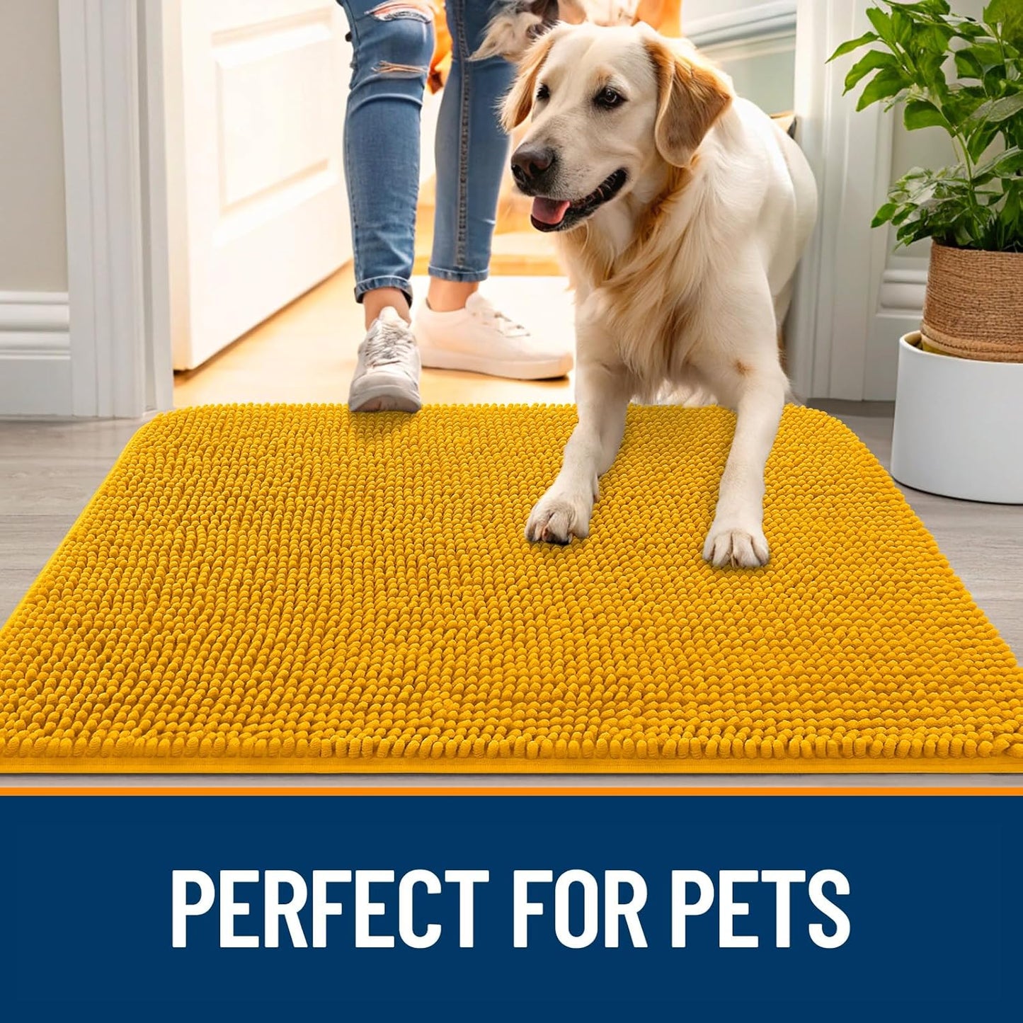 OLANLY Dog Door Mat - Absorbent Non-Slip Washable Chenille Mat for Muddy Paws | 40x24, Golden Yellow