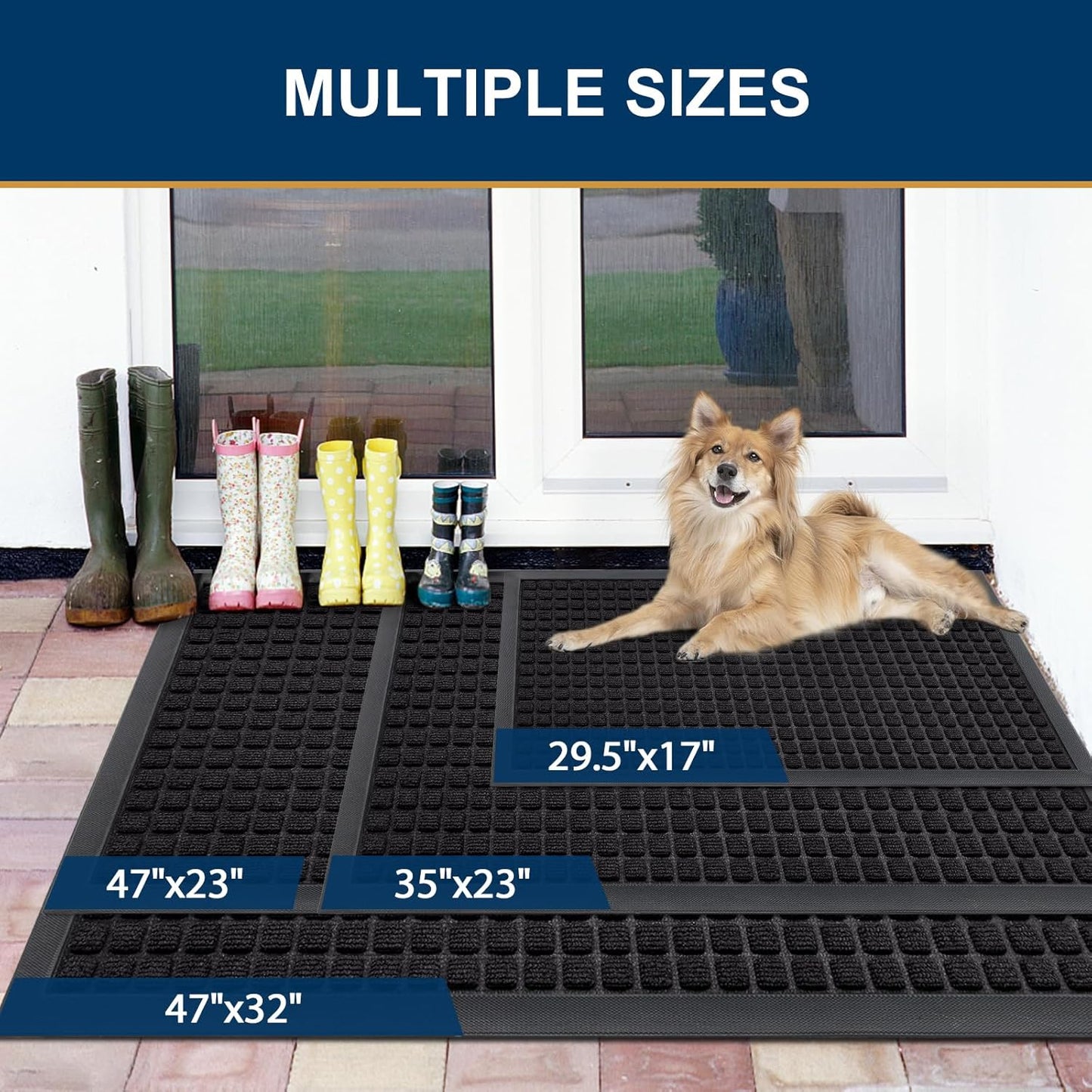 Smiry Heavy Duty Front Door Mat - Non-Slip Natural Rubber Doormat, Easy Clean, 35x23 Inch, Black