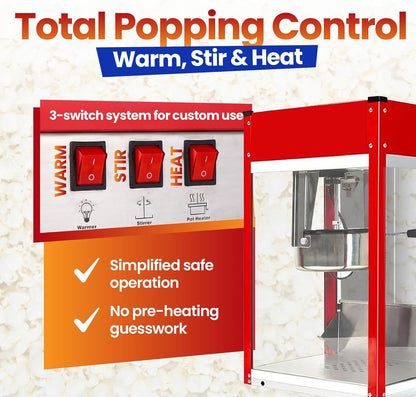 Popcorn Machine - Electric Popcorn Popper | Stainless Steel Kettle, Ready in 5 Minutes | 8 oz Capacity, Red