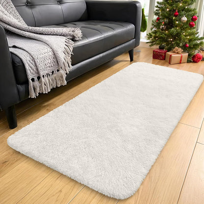 OLANLY Machine Washable 3x9 Runner Rug - Soft Fluffy Shaggy Carpet for Bedroom & Hallway | Ivory
