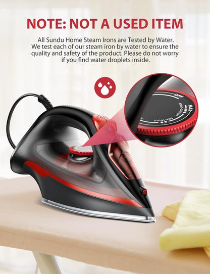 1500W Red Steam Iron for Clothes, 350ml Water Tank with Auto-Off, Powerful Burst of Steam, Self-Clean, Anti-Calc & Anti-Drip, Ceramic Soleplate