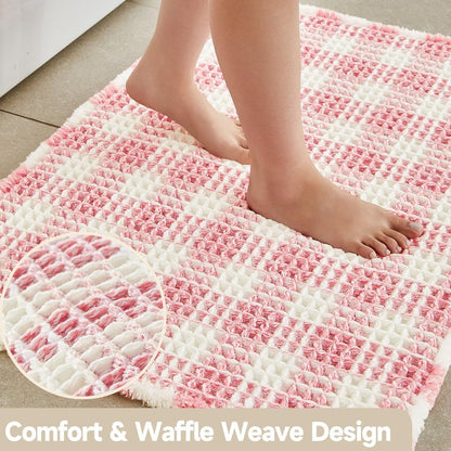 TYUU Waffle Bath Mat, Boho Bathroom Rugs Non Slip Washable Absorbent Checkered Bathroom Mat Quick Dry Cute Bath Mat, 30"x20" Pink and White