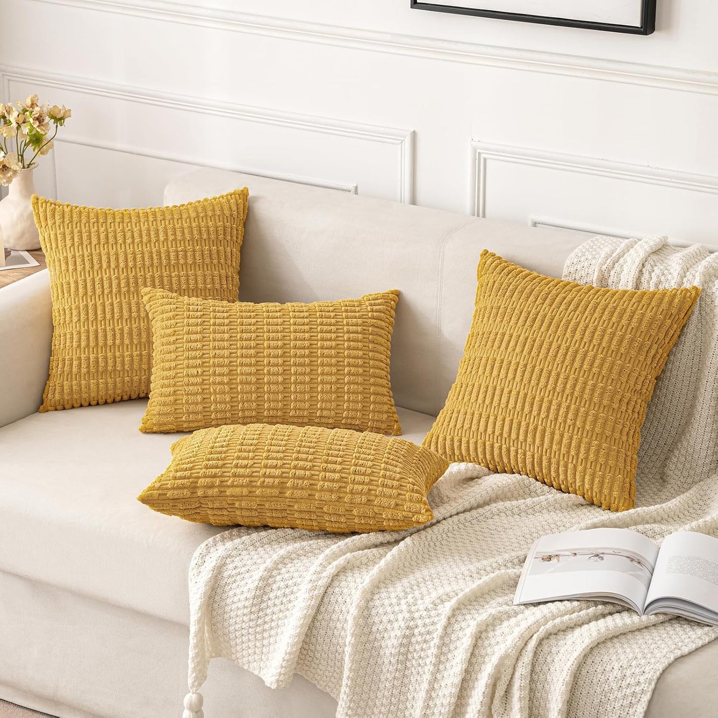 MIULEE Corduroy Throw Pillow Covers - Soft Boho Striped Design | 18x18 Inch Yellow Decor for Sofa & Bed