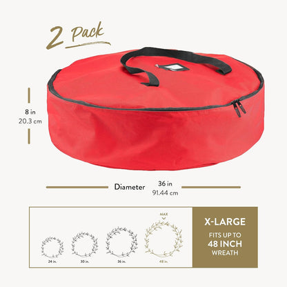 ZOBER Oxford Christmas Wreath Storage Container - 48 Inch Waterproof Wreath Bag with Dual Zippers & Strong Handles - Red