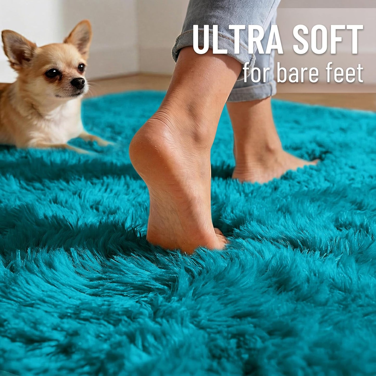 OLANLY Teal Round Area Rug - Soft, Fluffy Shaggy Carpet for Bedroom & Living Room | 9 ft Circle Design