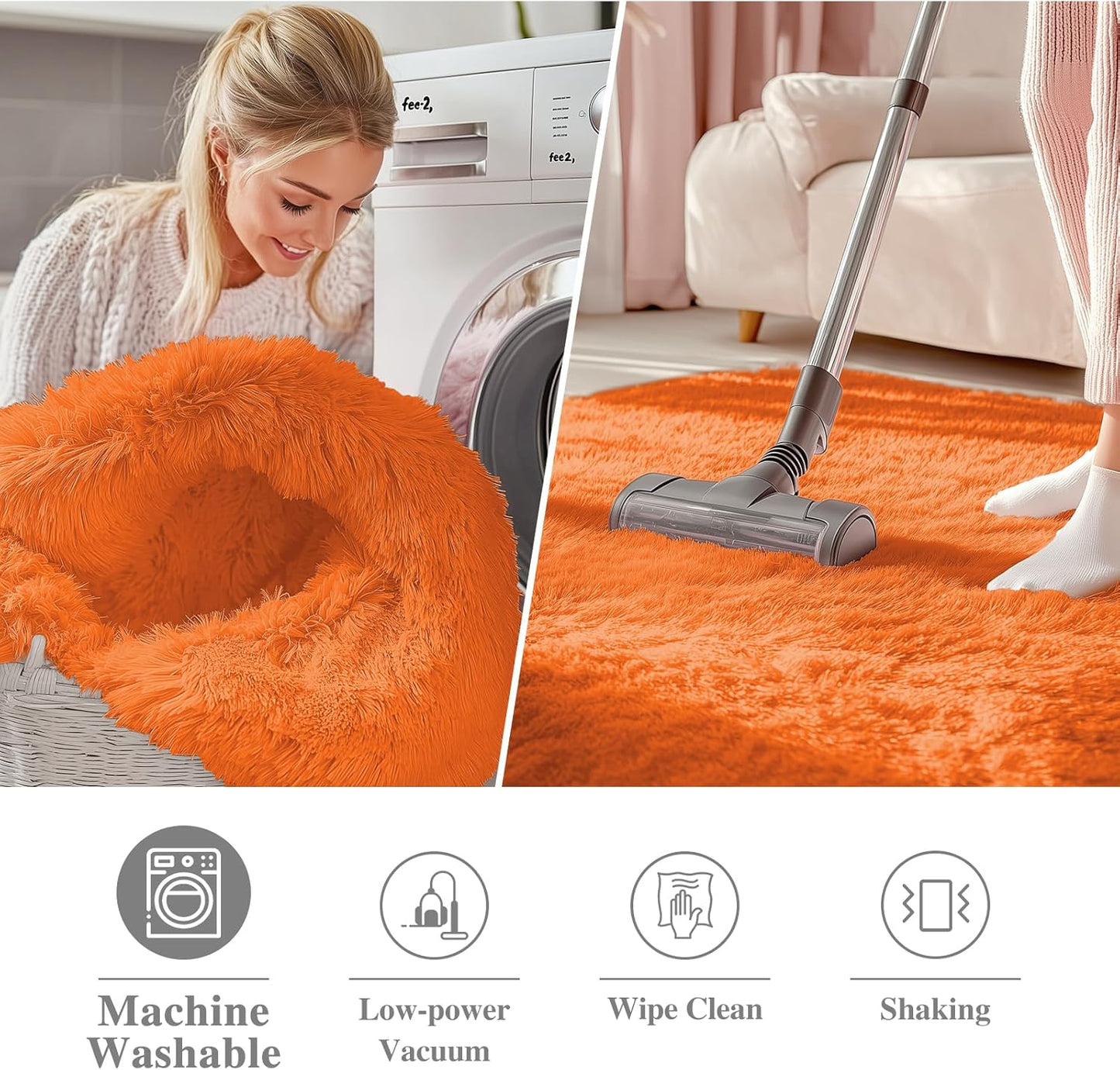 OLANLY Orange Round Area Rug - Soft, Fluffy, Machine Washable 8 ft Circle Carpet for Bedroom & Living Room