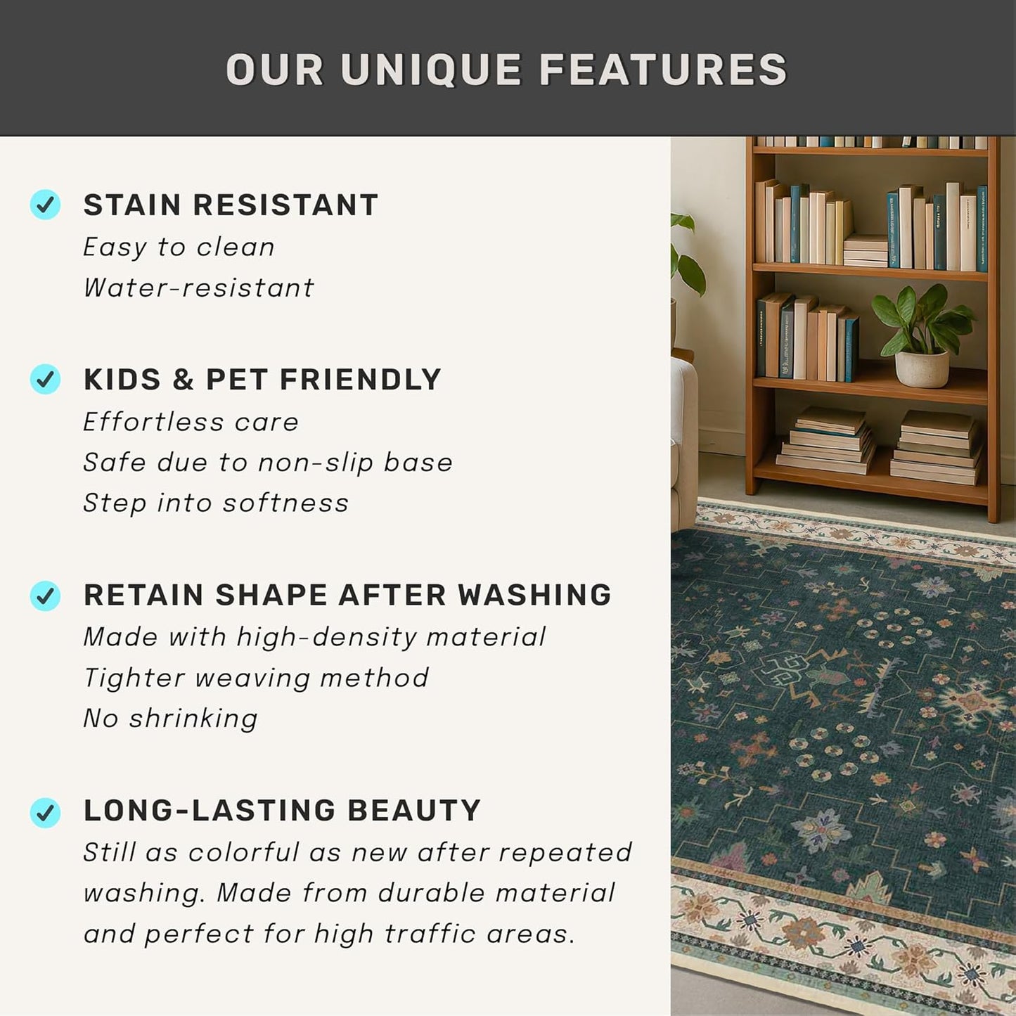Regine Switzerland Dark Green Washable Kitchen Runner Rug - 2'6"x8' Non-Slip Rubber Backing, Stain Resistant