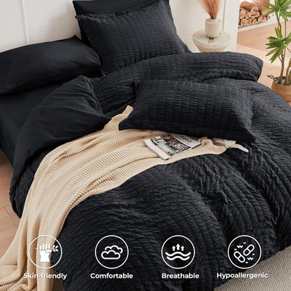 HYMOKEGE Queen Comforter Set - Black Oversized Seersucker 7-Piece Luxury Bedding | All-Season Bed in a Bag