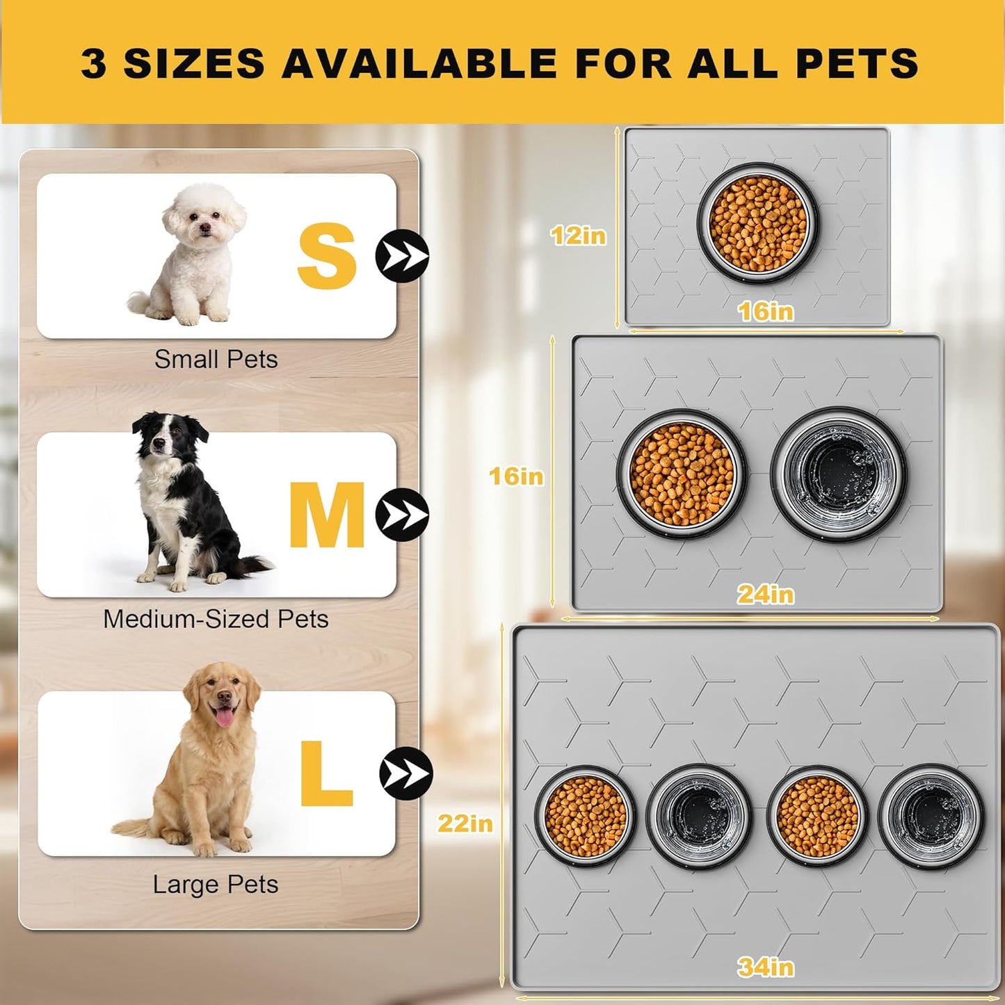 Pieviev Dog & Cat Food Bowl Mat - Waterproof Silicone with High Raised Edge | 24''x16'', Light Gray