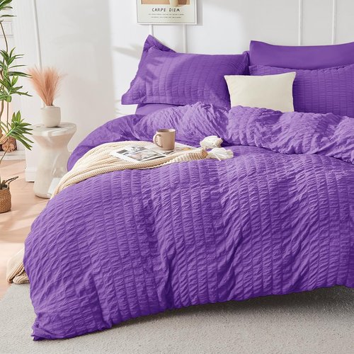 HYMOKEGE California King Comforter Set - Bright Purple Seersucker 7-Piece Luxury Bedding Set