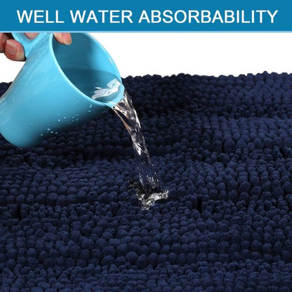 H.VERSAILTEX Bath Rugs for Bathroom Non Slip Bath Mats Extra Thick Chenille Striped Rug 20" x 32" Absorbent Non Skid Fluffy Soft Shaggy Washable Dry Fast Plush Mat for Indoor, Bath Room, Tub - Navy