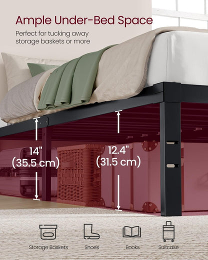 VASAGLE Twin Metal Bed Frame 14 Inches Tall, 550 lb Weight Capacity, No Box Spring Needed, with Under-Bed Storage, Easy Setup, Heavy-Duty Platform Bed, Mattress Retainers, Matte Black URMB653BD02S