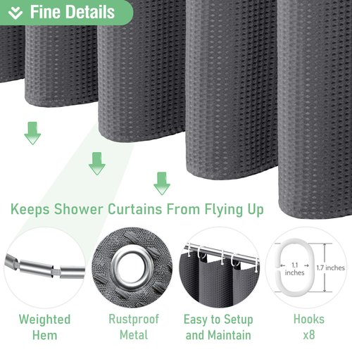Dynamene Stall Fabric Shower Curtain, 48 inch Wide Waffle Weave Weighted Thick Cloth Shower Curtain for Bathroom, Neutral Heavy Duty Hotel Spa Luxury Bath Curtain Set, 8 Hooks, 48x72, Charcoal Grey
