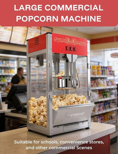 Commercial Popcorn Machine - Authentic 16oz Kettle Popcorn Maker with Warming Deck | 1600W Red
