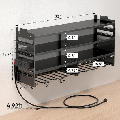 POKIPO Heavy-Duty Tool Organizer Wall Mount - 4-Layer Metal Rack with Charging Station & 8 Drill Holders