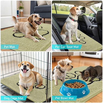 OLANLY Dog Door Mat for Muddy Paws 36x24, Paw Print Design, Absorbs Moisture and Dirt, Absorbent Non-Slip Washable Doormat, Quick Dry Chenille Mud Mat for Dogs, Entry Indoor Entryway Carpet, Vanilla