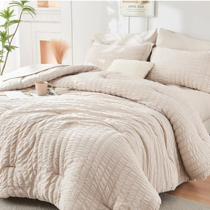 HYMOKEGE California King Comforter Set - 7-Piece All-Season Luxury Bedding in Beige with Sheets & Pillowcases