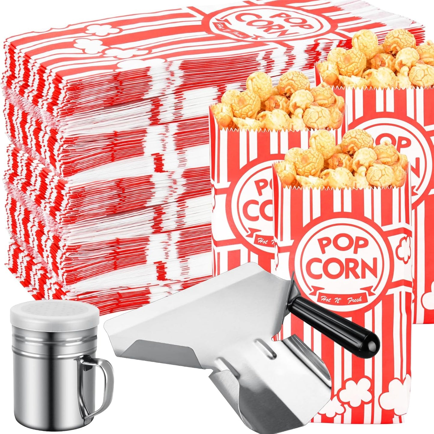 Skiennix Popcorn Bags - 202 Pcs with Scoop & Salt Shaker | 1 oz Individual Serving Size for Parties