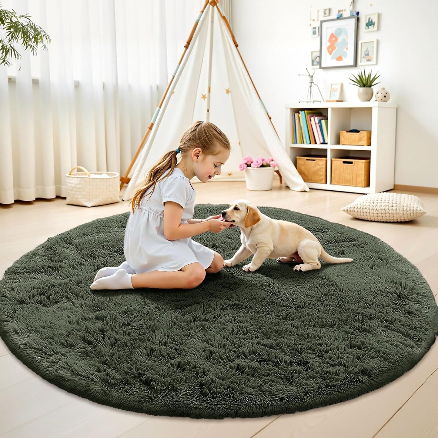 OLANLY Olive Green Round Rug - Soft, Fluffy Shag Area Rug | 6 ft Machine Washable Carpet for Bedroom & Living Room