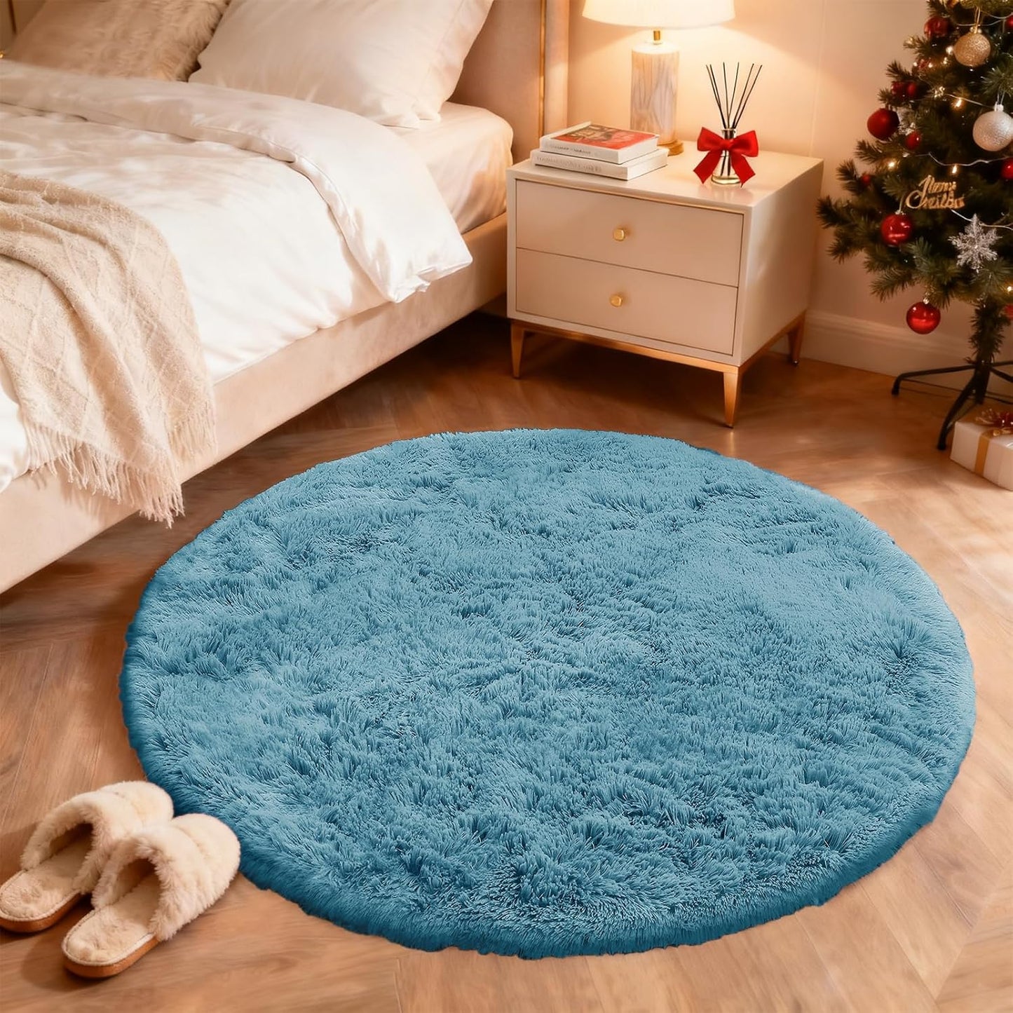 OLANLY Round Slate Blue Area Rug - Soft, Machine Washable 7 ft Circle Carpet for Bedroom & Living Room