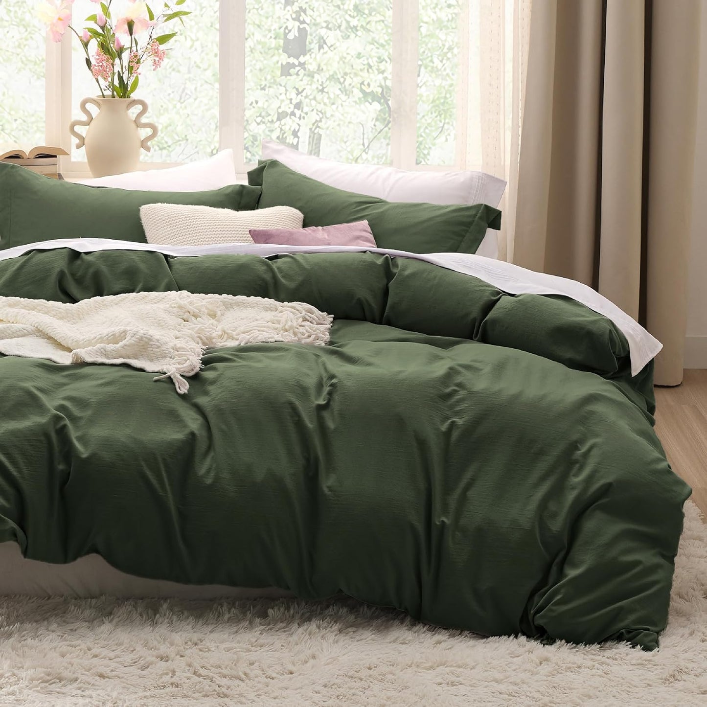 Bedsure Olive Green Duvet Cover Set - Soft Cotton-Like Polyester, Full Size 3-Piece Bedding, 80x90 Inches