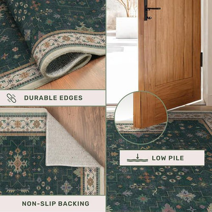 Hazo Haus Dark Green Kitchen Runner Rug - Modern Vintage Boho Floral Pattern, 2x8 ft Non-Slip, Washable